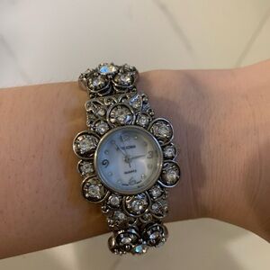 NEW Persona Floral Rhinestones Watch Cuff Ladies Silver Mother Of Pearl Face